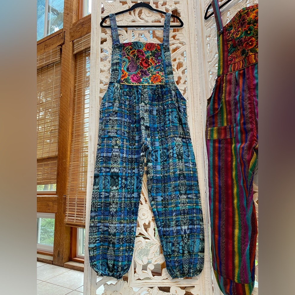 Embroidered Boho Patchwork Overalls – Blue & Green Floral Plaid Jumpsuit – Mediu